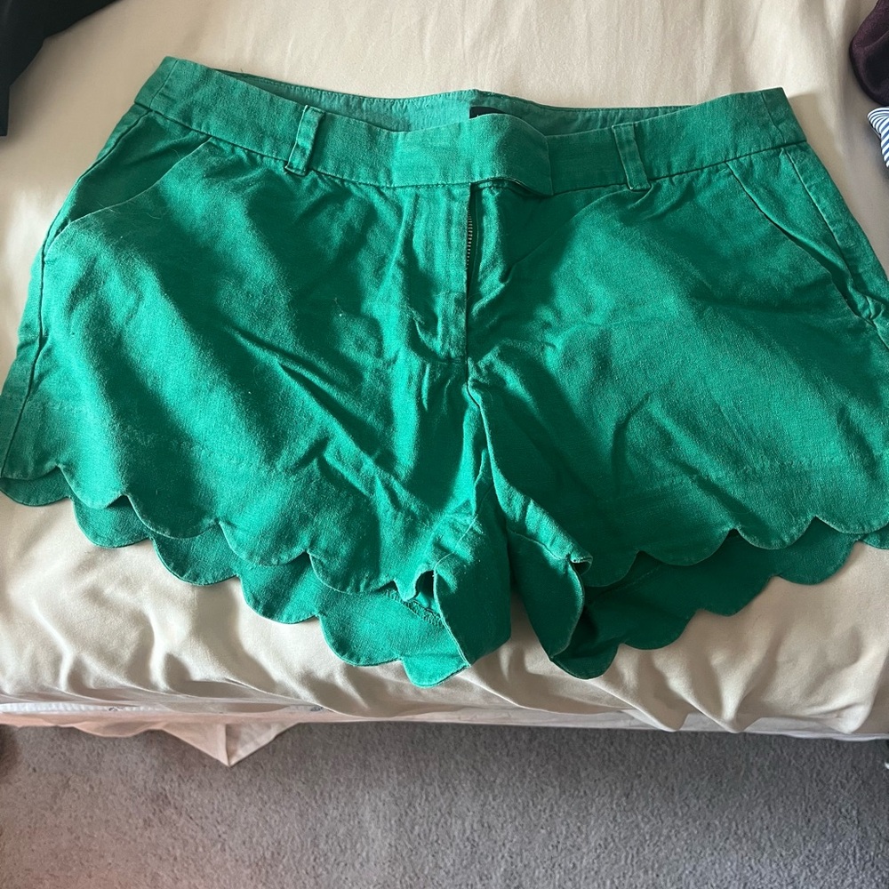 J. Crew High Waist Green Shorts with Ruffled Hem